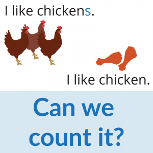 Can we count it? info on countable and uncountable nouns, and an example to illustrate the difference: "I like chicken(s)."